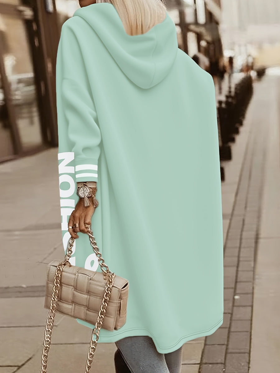 New Casual Fashion Printed Hooded Jacket, Soft -lined Mid-length Zip-up Jacket with Letter Print, Long-sleeve Outerwear for Women in Solid Colors for Autumn/winter, Comfortable Casual Attire for Women, Suitable for Indoor and Casual Outings 2A9790 - Light Green