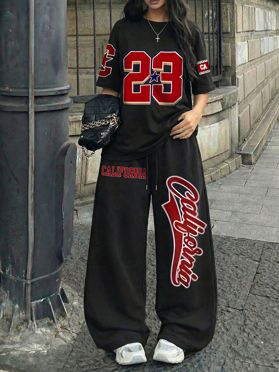 Casual Streetwear 58.42 cmCalifornia" Print Crew Neck Short Sleeve Top and Loose Drawstring Long Pants 2pcs Set, Women's Jersey Sporty Style Outfit, Suitable for Summer Street Style Hot - Black
