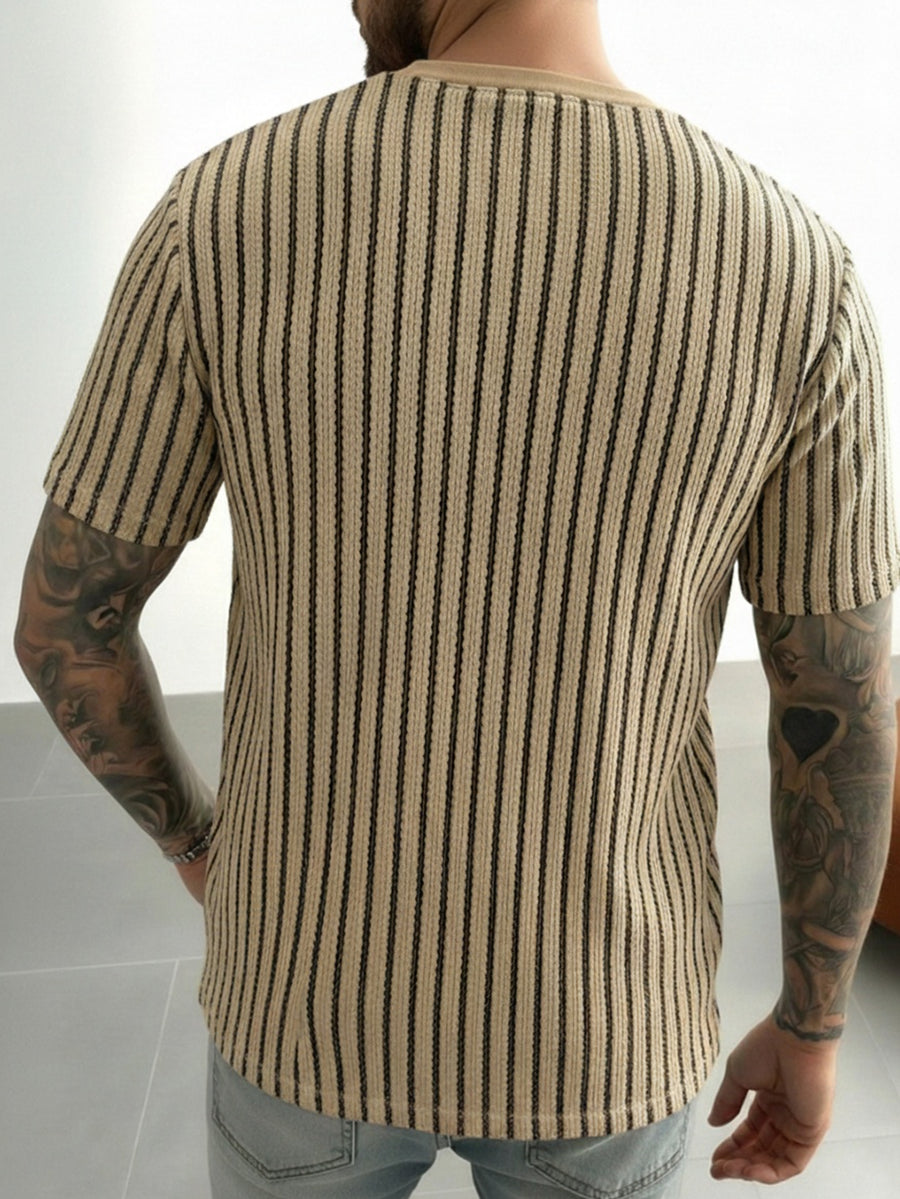 Men'S Casual Comfortable Round Neck Retro Striped Short Sleeve T-Shirt, Fresh Outfit Essential, Premium And Easy, Not Easy 2HLT26, All Season, Pockets, Regular Fit, Multicolor - Khaki