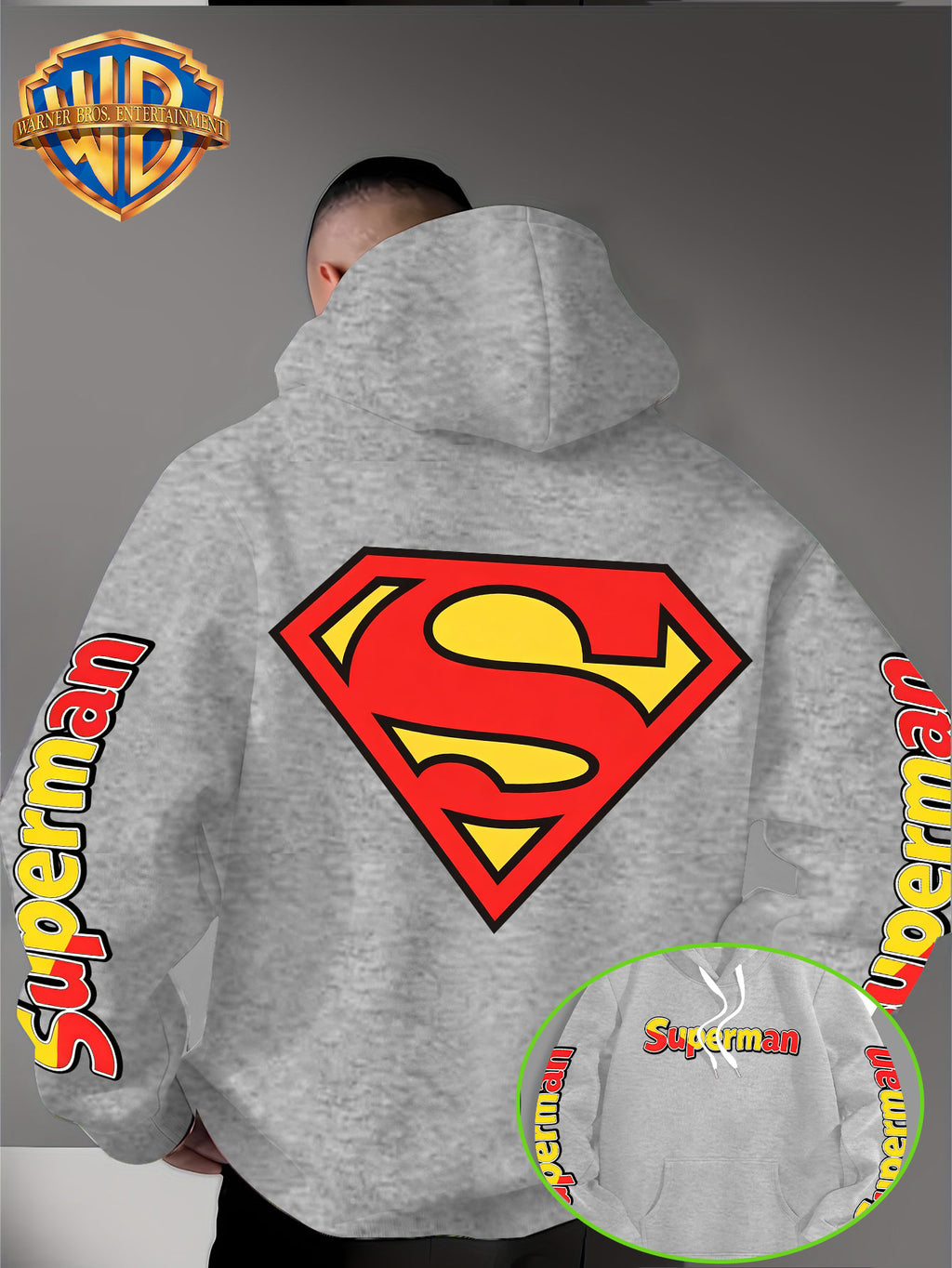 DC Superman Classic S Logo Print Hoodie American Casual Fall Winter Sweatshirt - Men'S Versatile Pullover, Cozy And Warm Fleece-Lined Top for Sports, Outdoor, Travel, Daily Wear, Commute, Home, Perfect Gift for Lovers And Friends - Unisex - Light Grey