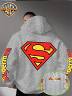 DC Superman Classic S Logo Print Hoodie American Casual Fall Winter Sweatshirt - Men'S Versatile Pullover, Cozy And Warm Fleece-Lined Top for Sports, Outdoor, Travel, Daily Wear, Commute, Home, Perfect Gift for Lovers And Friends - Unisex - Light Grey