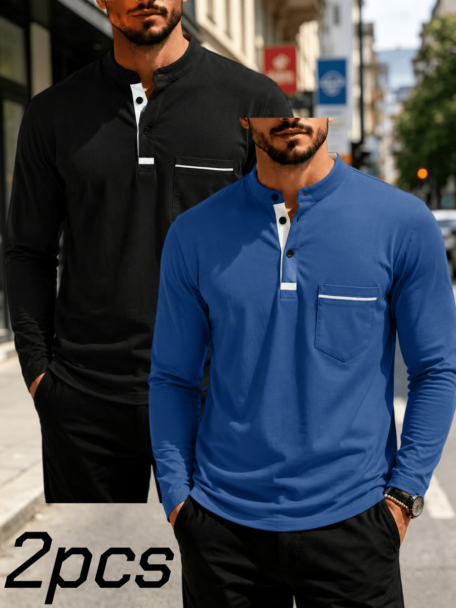 2pcs Men's Stand Collar Long Sleeve Henley Shirt, Casual Half-Button T-Shirt with Pockets, Lightweight and Breathable Stand Collar Pullover Top, Suitable for Daily, Office, and Outdoor Scenes - Black + Sea Blue