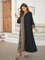 Printed Patchwork Long Dress Caftan - Black