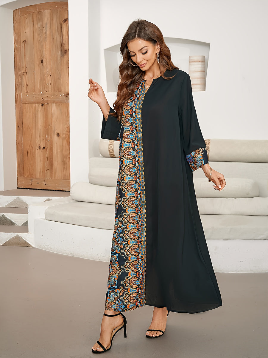 Printed Patchwork Long Dress Caftan - Black