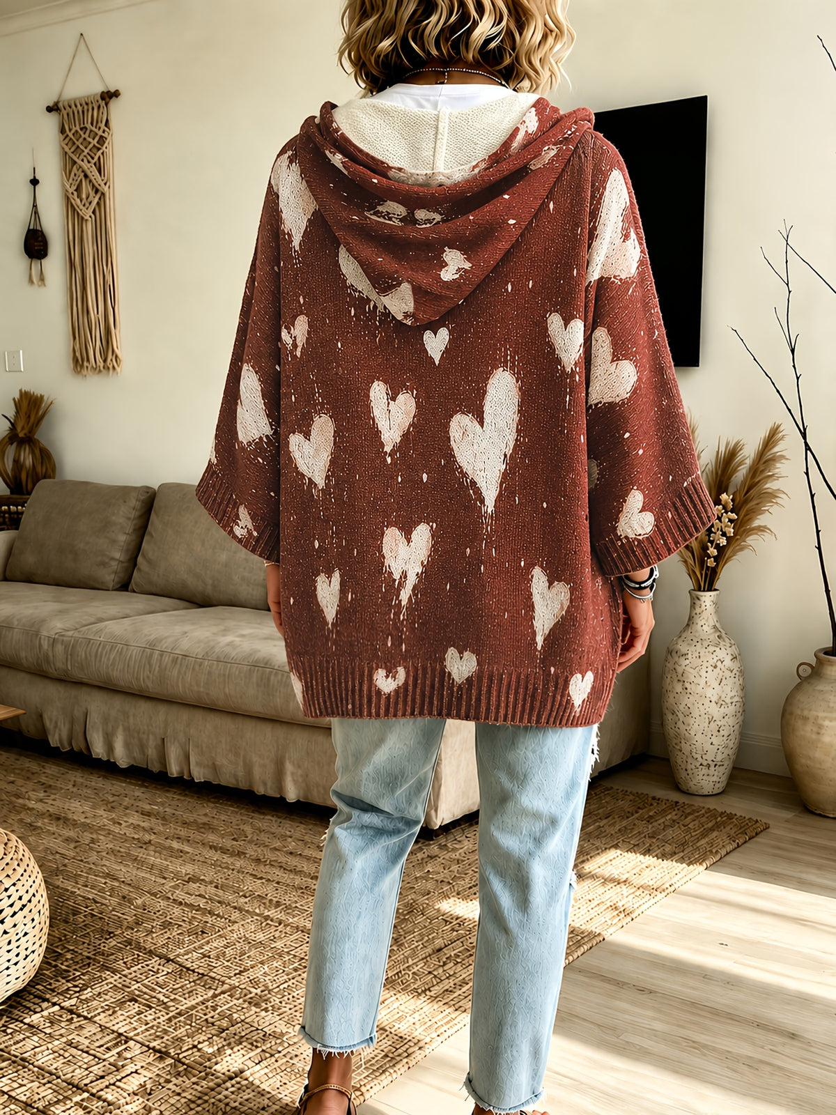 Plus Size, 2026 Women's Autumn/Winter Heart Print Hooded Three-Quarter Sleeve Cape Sweater Top with Drawstring, Lazy Style, Loose Fit,, Fashionable, Versatile, Casual, Commuting, Vacation, Plus Size Sweater Top for Women - Caramel Brown