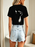 Women's Black Cat Pattern Round Neck Short Sleeve T-Shirt, Casual Short Sleeve Top, Cat Lover Graphic Tee, Summer Streetwear - Mixed colors