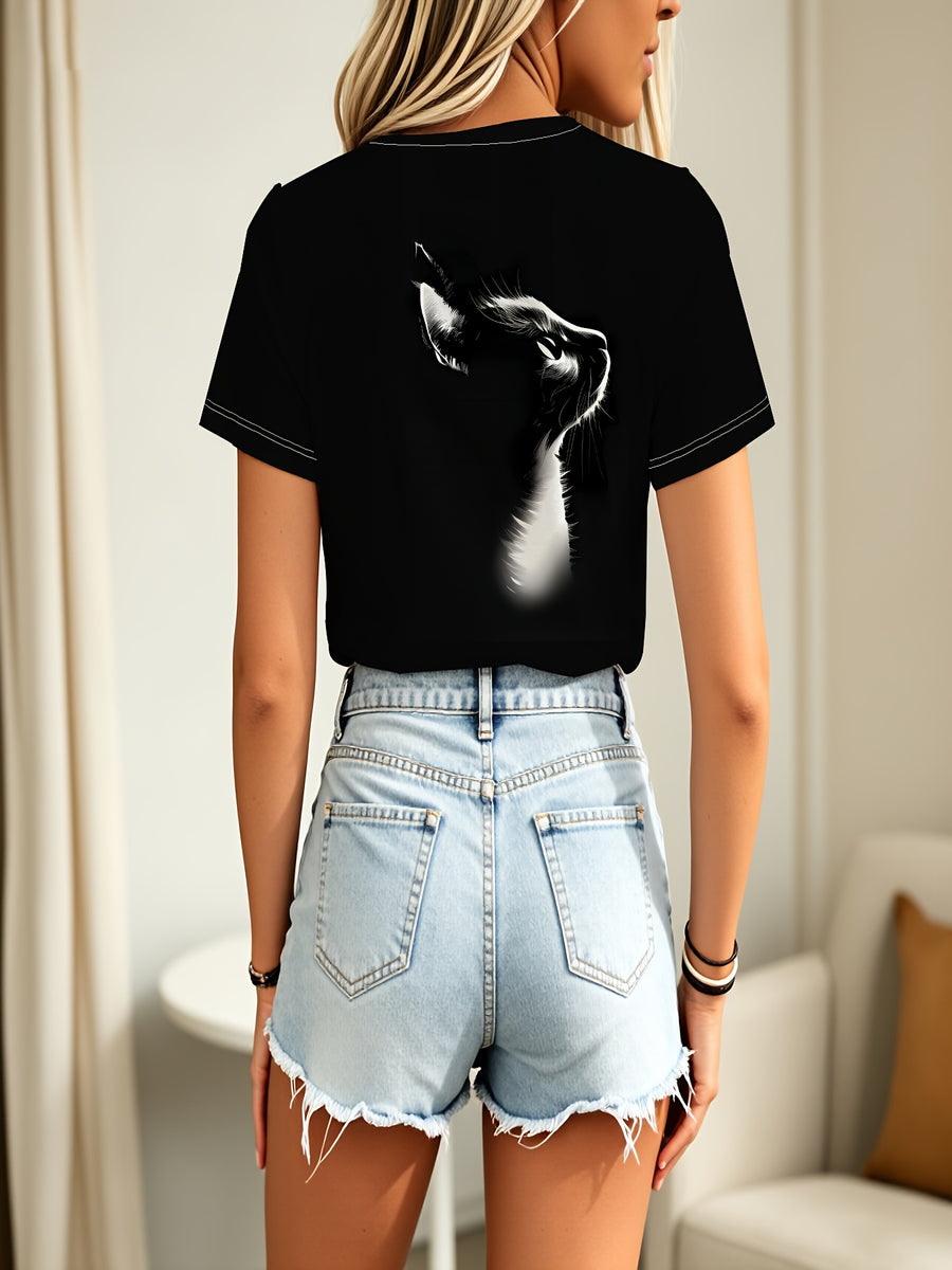 Women's Black Cat Pattern Round Neck Short Sleeve T-Shirt, Casual Short Sleeve Top, Cat Lover Graphic Tee, Summer Streetwear - Mixed colors