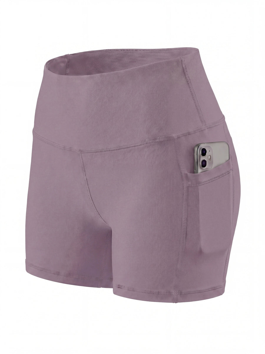 Summer Fashion Women's High-Waist 3-Inch Shorts with Pockets, Moisture-Wicking Summer Style - Anti-See-Through, Tummy Control, Non-Slip Waistband - Bean Paste