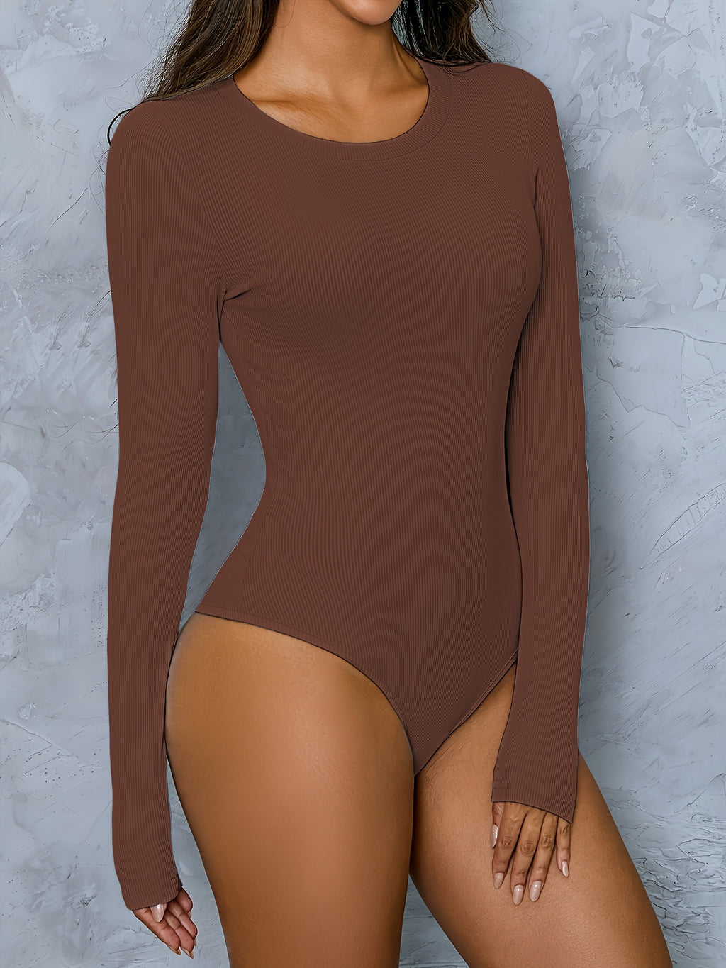 Basic Ribbed Bodysuit with Long Sleeves, Round Neck, Form-Fitting Design, Suitable for Wearing As a Versatile Layering Top - Coffee Color