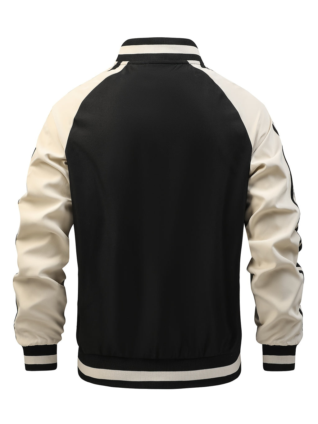 Men's Spring/Autumn Color-Block Striped Lightweight Jacket with Mesh Lining, Casual Outerwear, Outdoor Sports Baseball Jacket, Raglan Sleeve Design, Cropped Style - Black