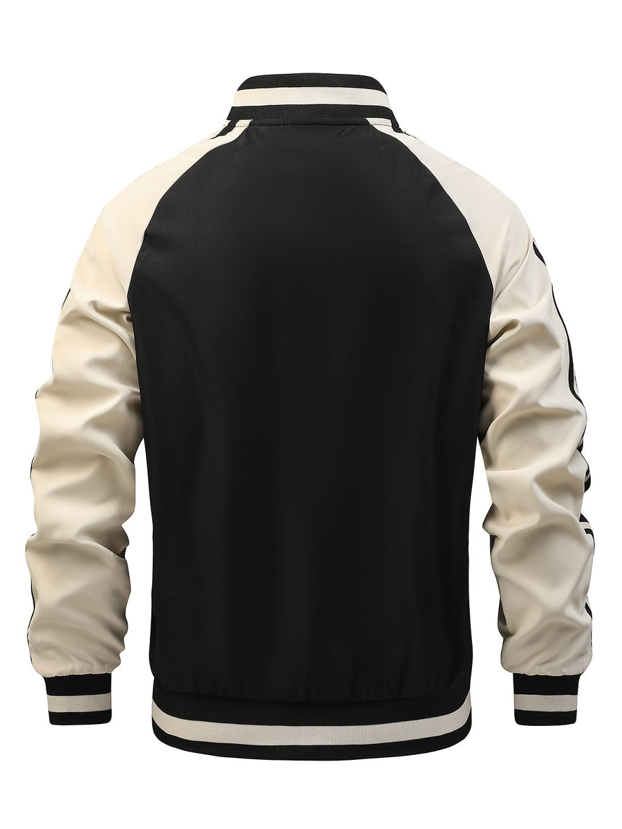 Men's Spring/Autumn Color-Block Striped Lightweight Jacket with Mesh Lining, Casual Outerwear, Outdoor Sports Baseball Jacket, Raglan Sleeve Design, Cropped Style - Black