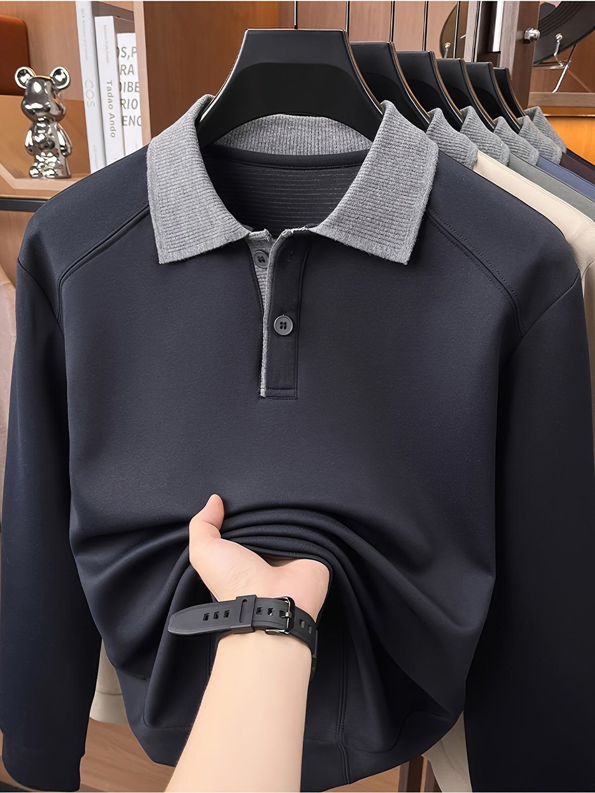 Autumn Contrast Collar Long Sleeve Polo Shirt, Men'S Drop Shoulder Knit Pullover, Spring Autumn Business Casual Base Layer Top, Loose Patchwork Collar T-Shirt, Casual Fishing Top - Shangqing