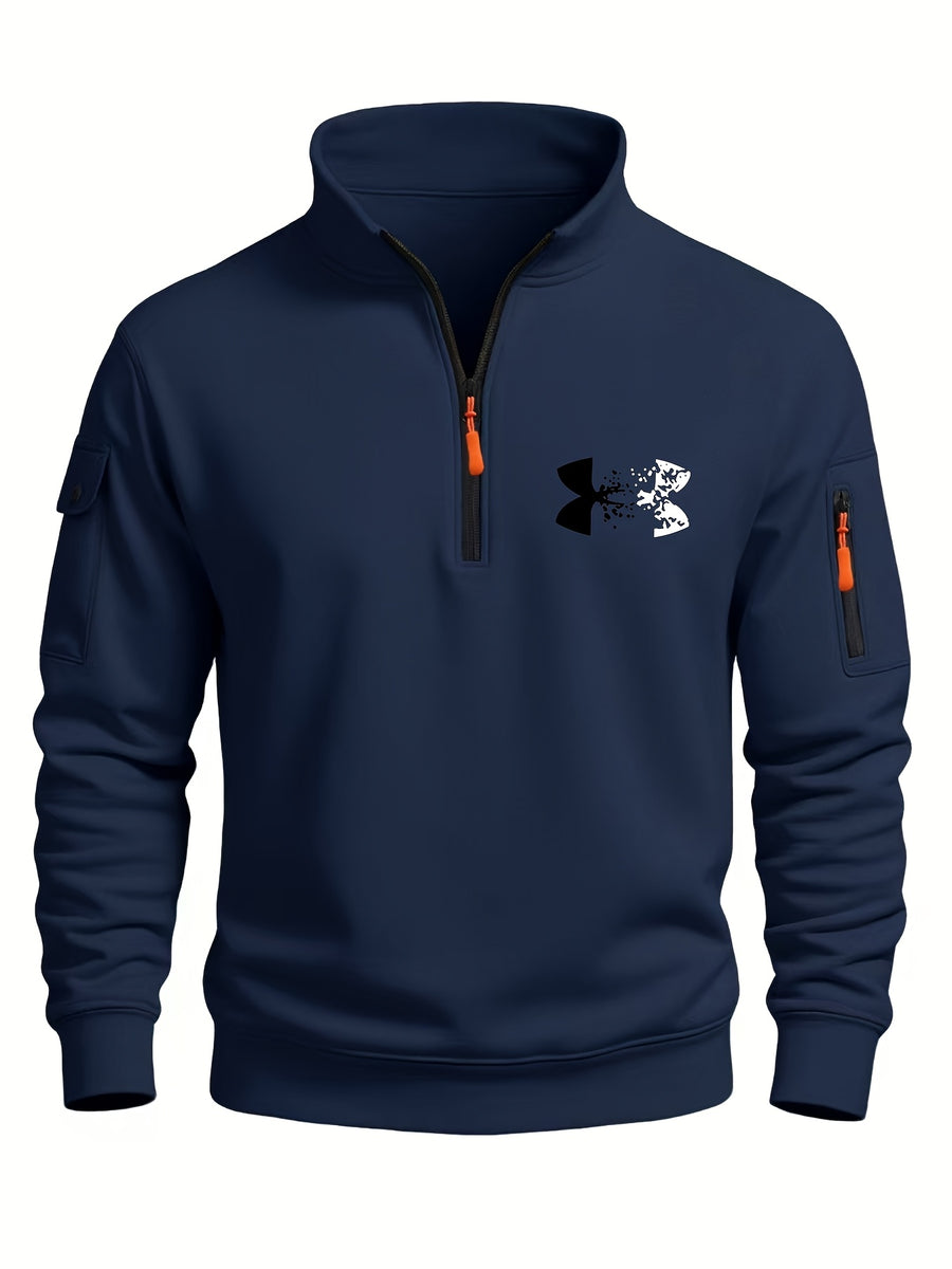 2026 Autumn/Winter New Men's Stand Collar Half-Zip Sweatshirt, Distressed Print, Workwear Style Multi-Pocket Design, Wear-Resistant and Wrinkle-Resistant Fabric, Sleek Cut Without Bulk, Combining Workwear Practicality with Casual Attire Adaptability - navy blue 1