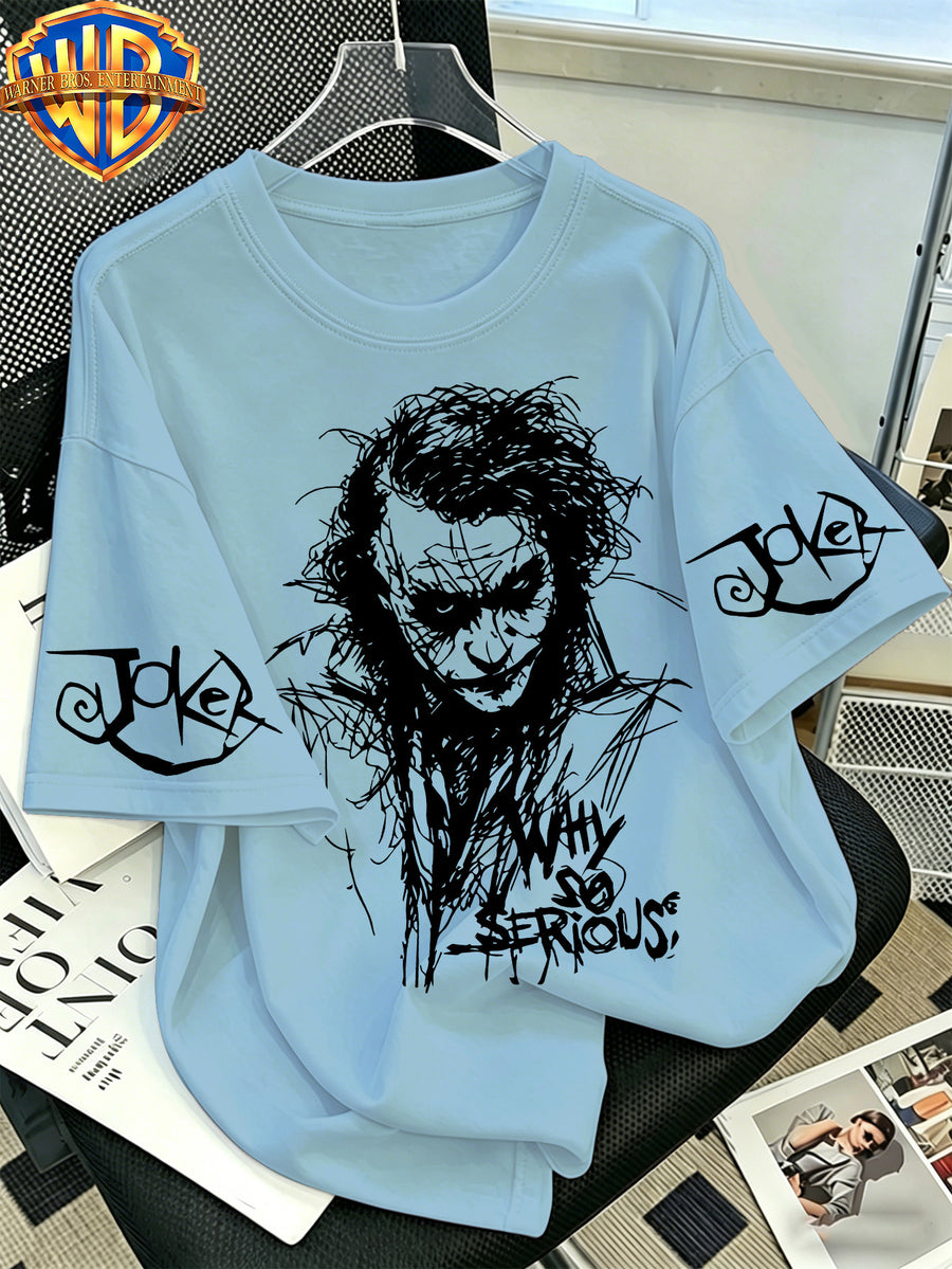 Warner Bros. Official - Classic Heath Ledger Joker JOKER Printed T-shirt, Men's 100% Pure Cotton Casual and Comfortable Multi-functional Loose Summer Short Sleeved T-shirt, Suitable for Outdoor and Daily Wear - Blue