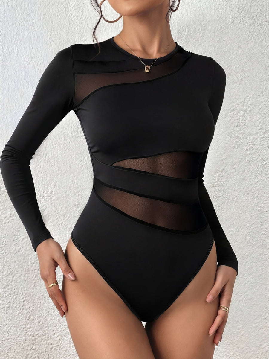 Spring/Autumn Crew Neck Mesh Panel Design Long Sleeve T-Shirt Sexy Top Casual Plunge Neckline Hidden Snap One-Piece - Black