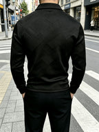 Autumn New Men'S Half-Zipper Long Sleeve POLO Shirt, Black Geometric Texture Pattern Light Business Casual Base Layer Top - Black
