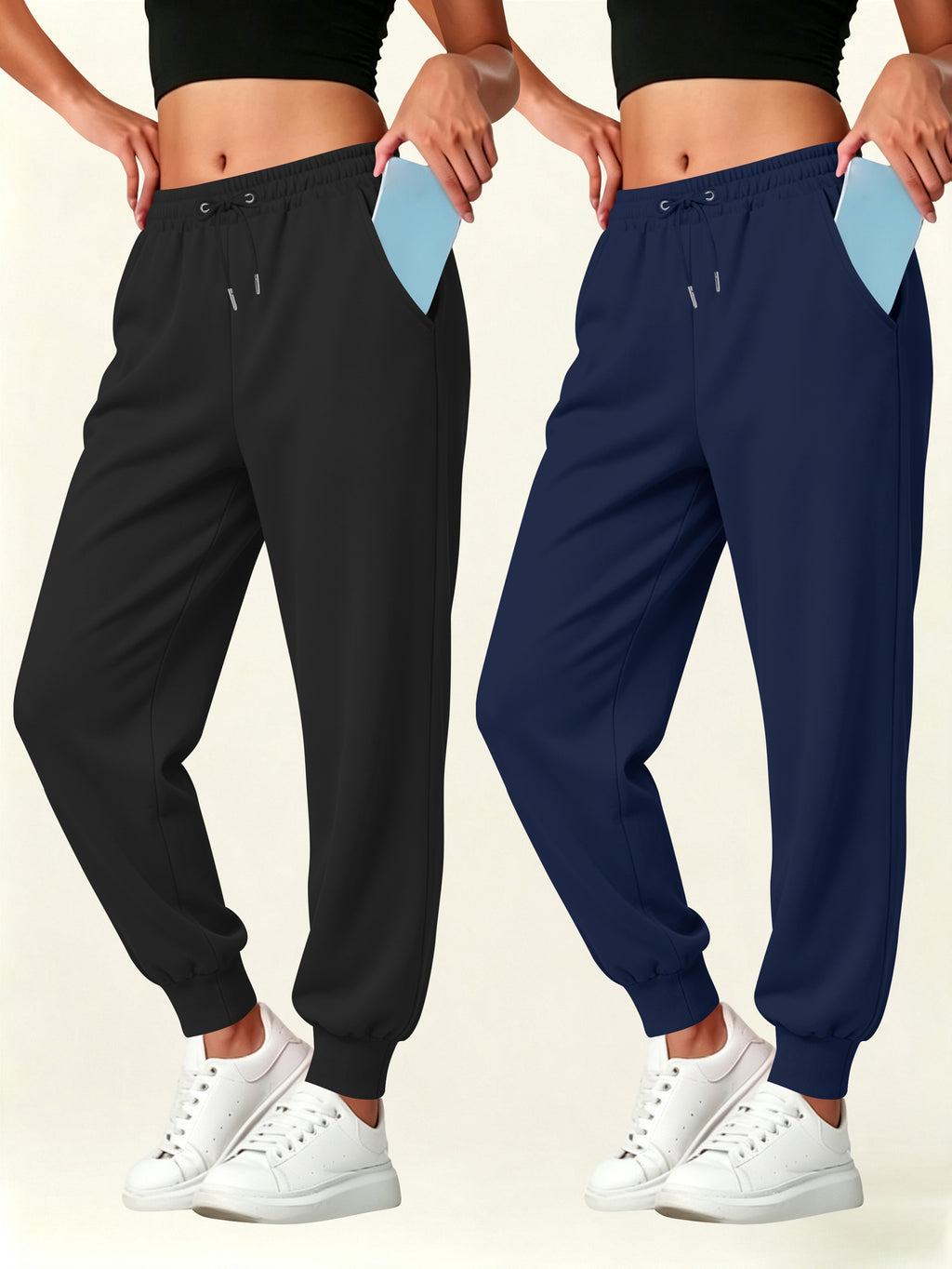 2pcs Set Autumn-Winter Women's Casual Pants with Pockets - Black+Navy Blue