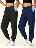 2pcs Set Autumn-Winter Women's Casual Pants with Pockets - Black+Navy Blue