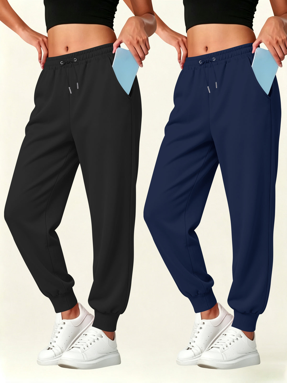 2pcs Set Autumn-Winter Women's Casual Pants with Pockets - Black+Navy Blue