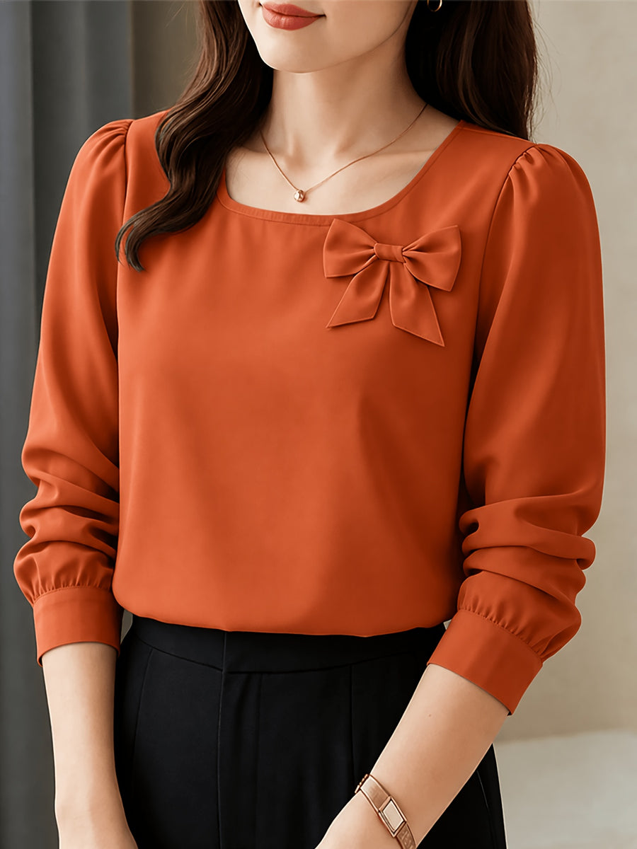 Elegant Casual Long-Sleeve Blouse with Bow and Lantern Sleeves, Solid Color Top ASD1 - Orange-Red