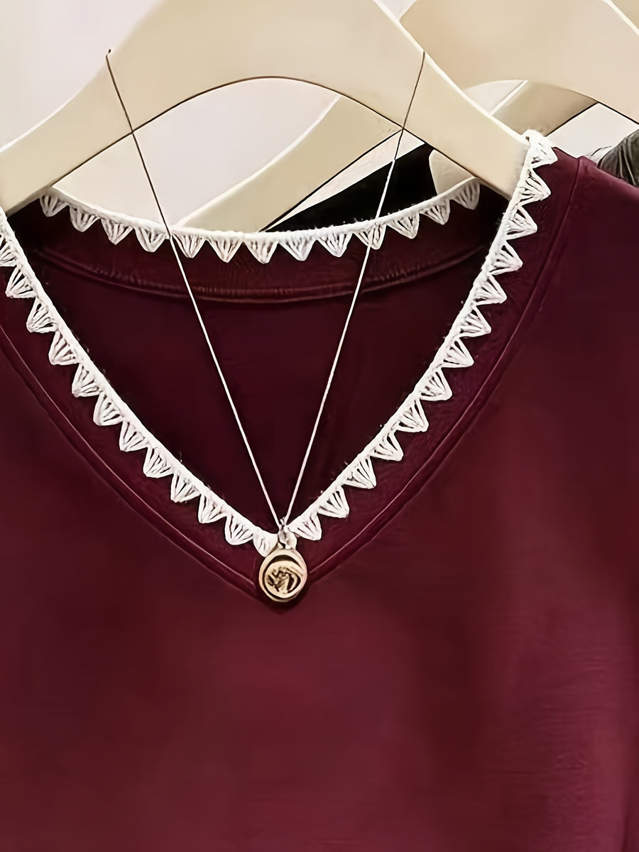 XXFL Directional Style Summer Regular Shoulder V-Neck Color-Block Fashion Versatile Short-Sleeve Top T-Shirt - Burgundy