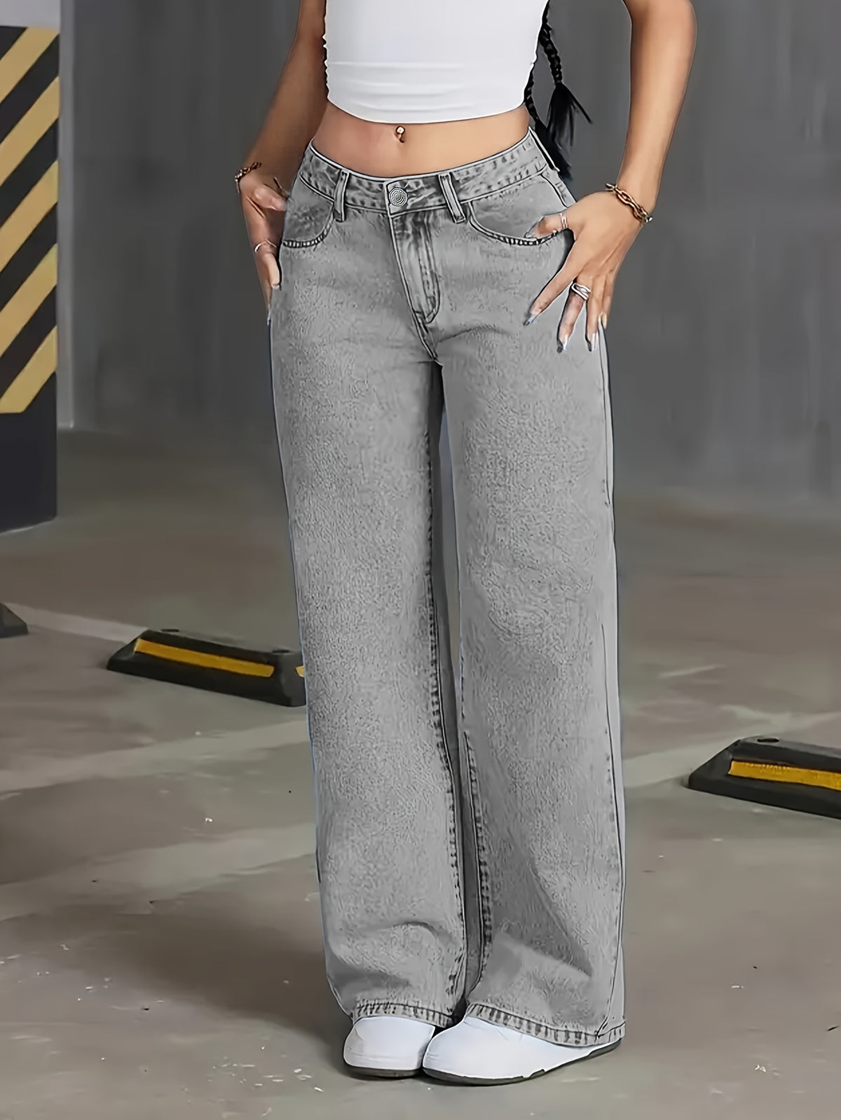 DK85608 X Y2K High-Waist Grey Washed Wide-Leg Jeans - 90S Retro Loose Women'S Denim, Slight Stretch Casual Street Style - Grey