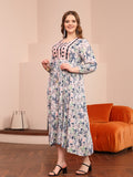 JALABIYA Women's Elegant Dress, Arabic Heavy-Print Dress, Small Round Neck Long Sleeve Dress, Women's Autumn Color-Print Dress - Multicolor