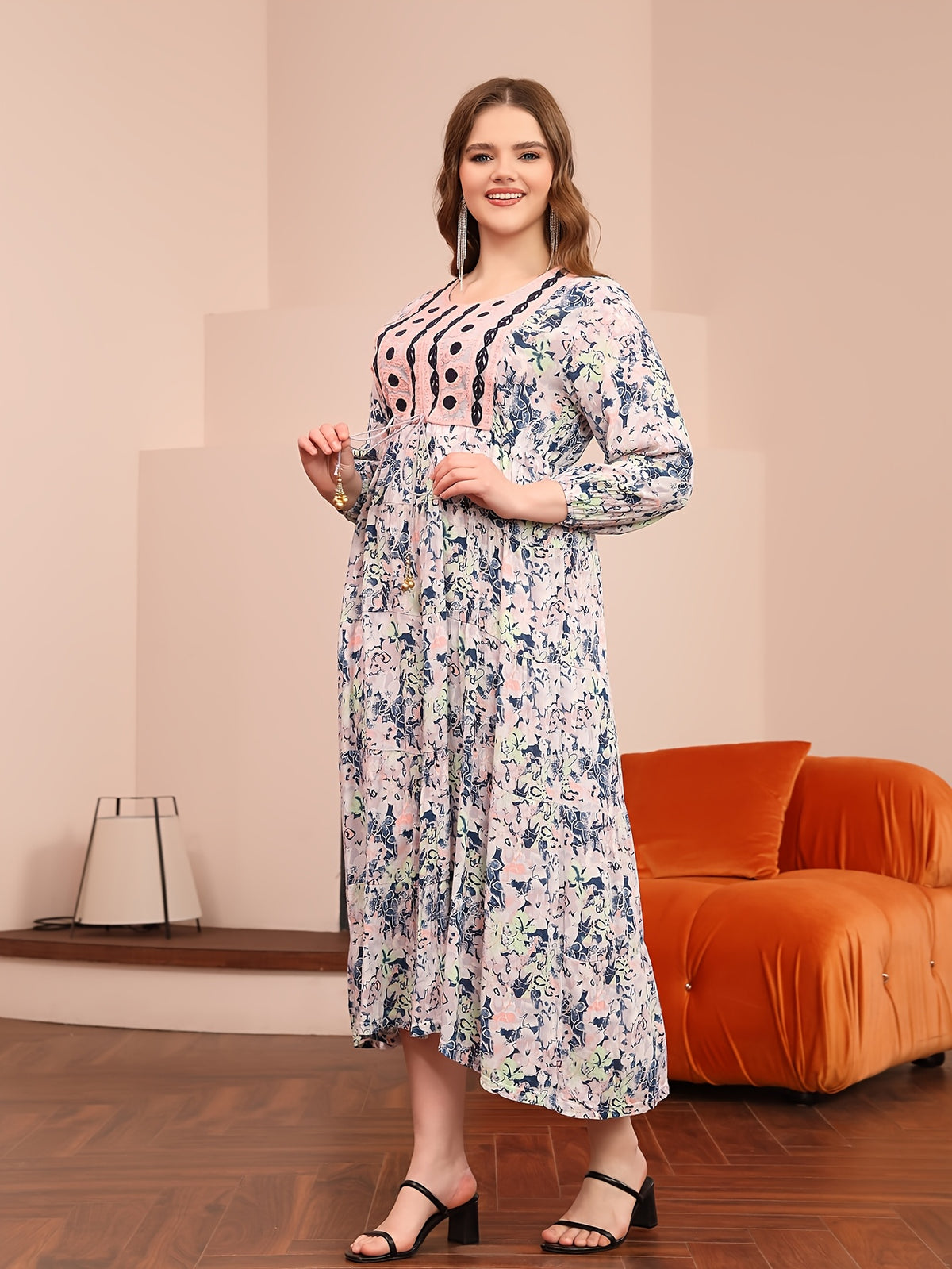 JALABIYA Women's Elegant Dress, Arabic Heavy-Print Dress, Small Round Neck Long Sleeve Dress, Women's Autumn Color-Print Dress - Multicolor
