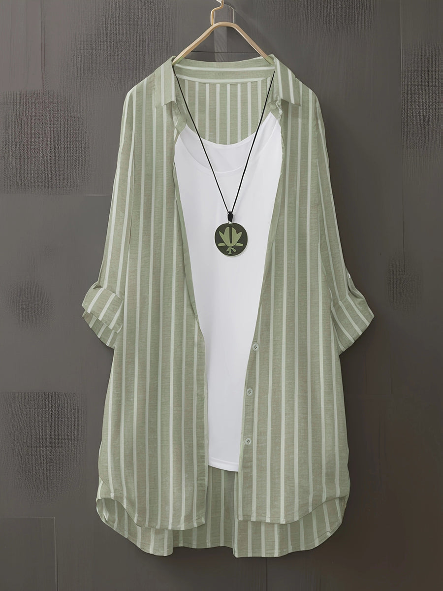 Targeted Development Women'S Long Sleeve Casual Striped Shirt, Suitable for Spring And Autumn - Olive Green And White