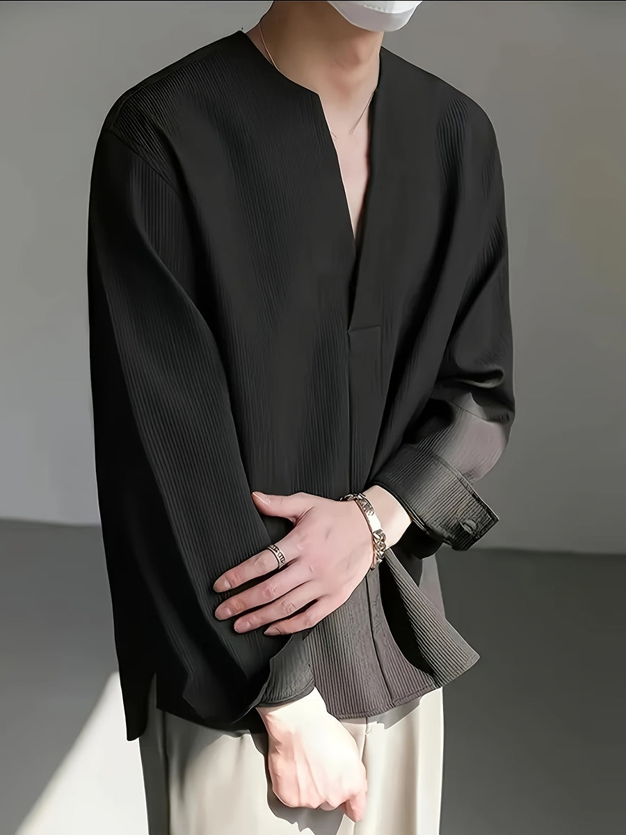 Men's Gift, Men's Spring/Summer Long Sleeve V-Neck Henley Shirt, Solid Color Men's Casual Daily Top T-Shirt Dress Shirt, Men's Suit Set, Gift for Boyfriend - Black
