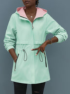 Women's Reversible Trench Coat Jacket - Belted Waist, Zippered Pockets & Hooded Suitable for Outdoors, Machine-Washable Lightweight Outerwear, Green/Pink Contrast or Solid Color Cardigan Coat, Adjustable Cinch for Spring/Autumn - Green