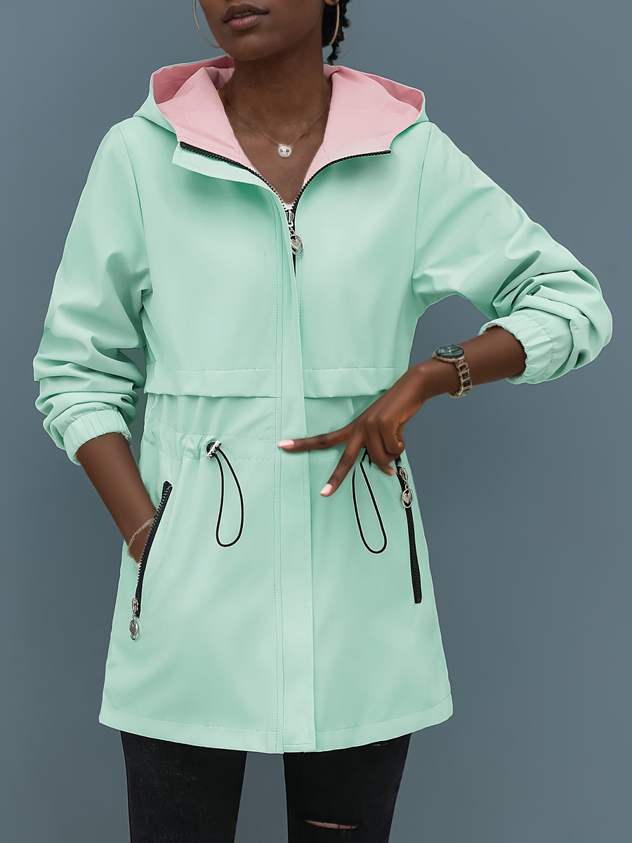Women's Reversible Trench Coat Jacket - Belted Waist, Zippered Pockets & Hooded Suitable for Outdoors, Machine-Washable Lightweight Outerwear, Green/Pink Contrast or Solid Color Cardigan Coat, Adjustable Cinch for Spring/Autumn - Green