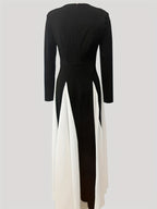 QC High-End Black and White Contrast Color Spliced Maxi Dress with Flared Hem, Round Neck, Long Sleeves, and Waist Cinching for an Elegant Look - Black