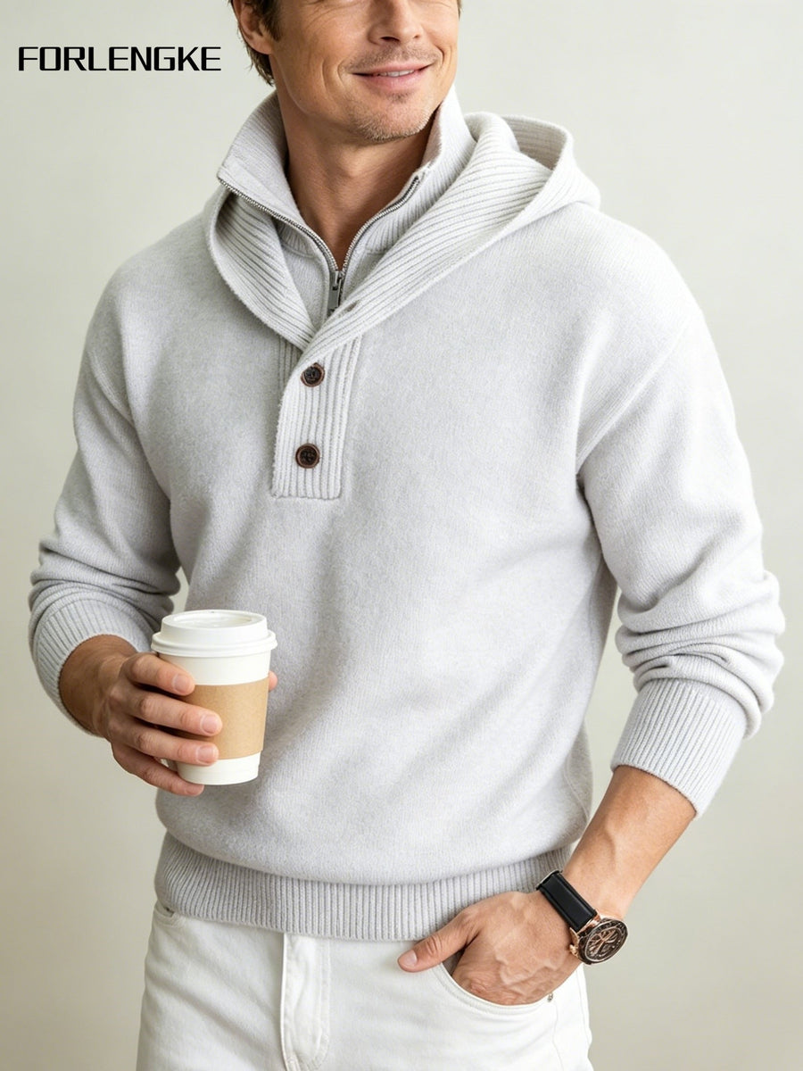 FORLENGKE Men'S Urban Wandering Commuter Style Hooded Half-Zip Knit Sweater, Adjustable Hood with Buckle, Heavy Knit for Temperature Fluctuations, Comfortable for Long Sitting, Suitable for Commuting, Exhibitions, Cafes, Social Gatherings - White Flower Gray