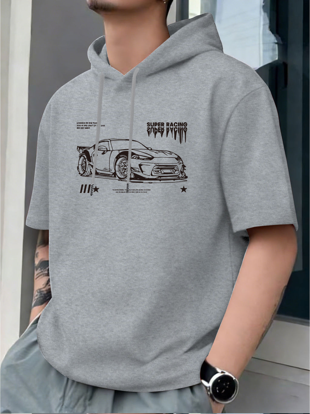 Racing Print: Hot-Blooded Personality Style Men's Hoodie T-Shirt, Novel Casual Short-Sleeve Hooded Tee, Loose-Fit Hooded Short-Sleeve Printed Top, Versatile Men's Casual Knit Shirt, Summer Outdoor Casual Black Short-Sleeve, Vintage Fashion Trendy - Grey