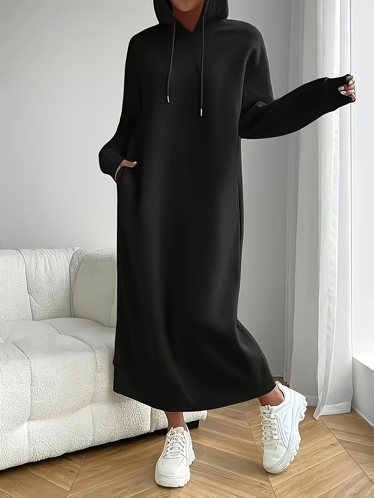 Autumn And Winter Fashion European And American Women'S Long Sleeve Hooded Sweatshirt Dress - Black