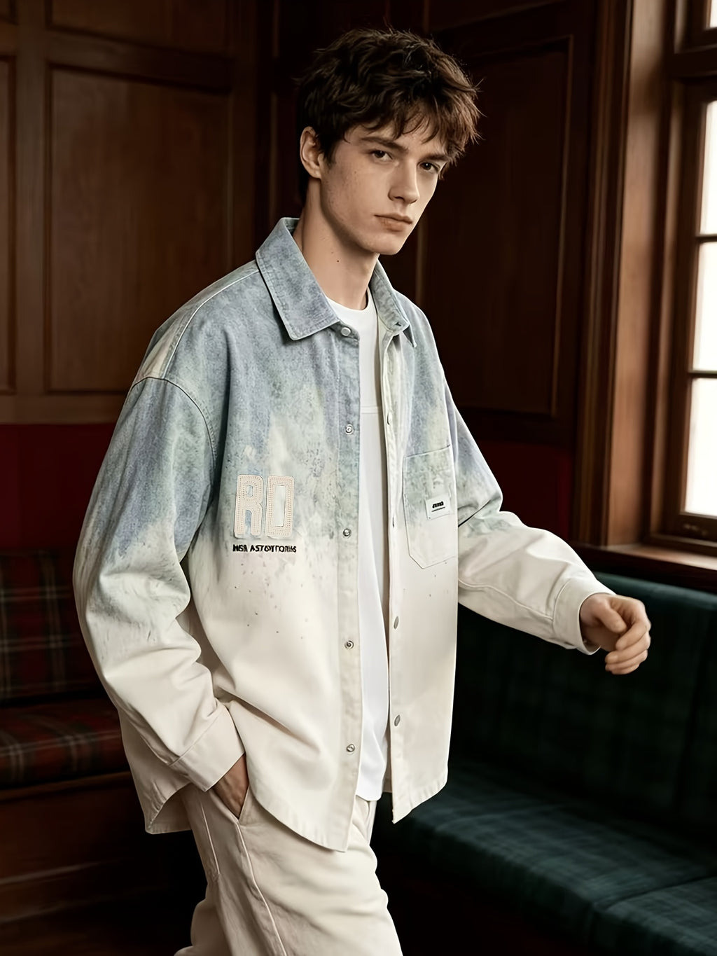 [Pearson OBM] Faux Denim Jacket Outerwear Gradient Long Sleeve Cardigan Couple Style Versatile Top Long Sleeve Shirt - Green