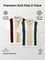 Old Money Style Men's Half-Zip Contrast Color Vertical Stripe Knit Polo 2pcs Set, Ice Silky Fiber Fabric, Breathable Business Casual Short-Sleeve Suit Sweater - 2-PACK
