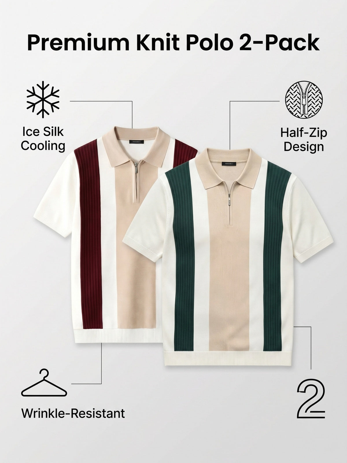 Old Money Style Men's Half-Zip Contrast Color Vertical Stripe Knit Polo 2pcs Set, Ice Silky Fiber Fabric, Breathable Business Casual Short-Sleeve Suit Sweater - 2-PACK
