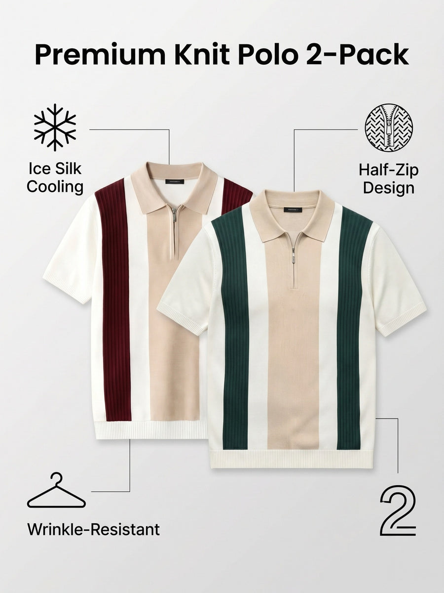 Old Money Style Men's Half-Zip Contrast Color Vertical Stripe Knit Polo 2pcs Set, Ice Silky Fiber Fabric, Breathable Business Casual Short-Sleeve Suit Sweater - 2-PACK