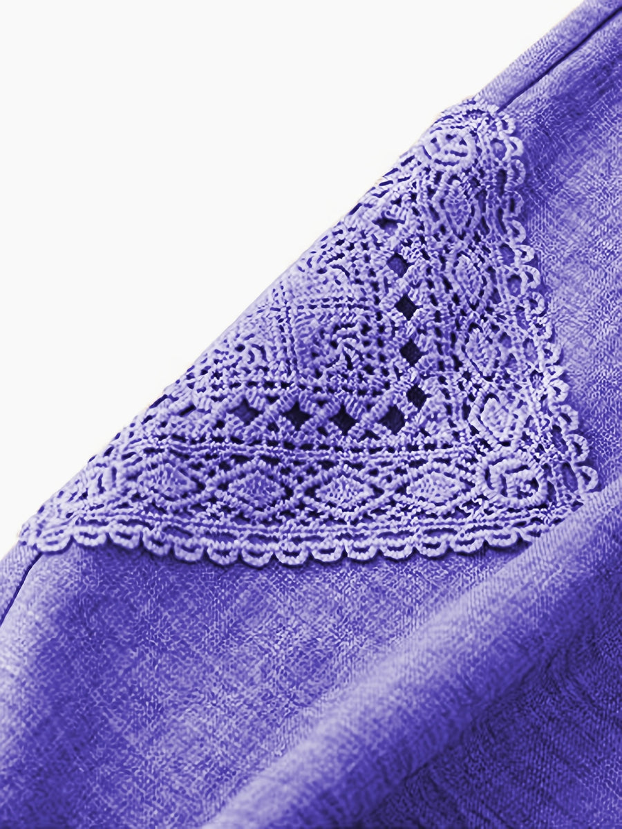 Women's Color Block Lace Casual Drawstring Waist Bow Capri Pants with Pockets - Dark Violet