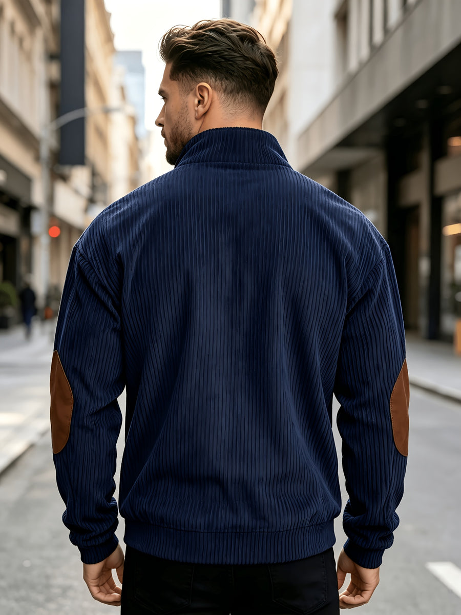 Men'S 2pcs Corduroy Pullover Sweatshirt Set, Half-Button Stand Collar Long Sleeve Top with Elbow Patchwork, Retro Vertical Texture Fabric, Loose Fit Soft Warm Comfortable Pullover Sweater, Suitable for Autumn/Winter Casual Wear - Tibet+Apricot