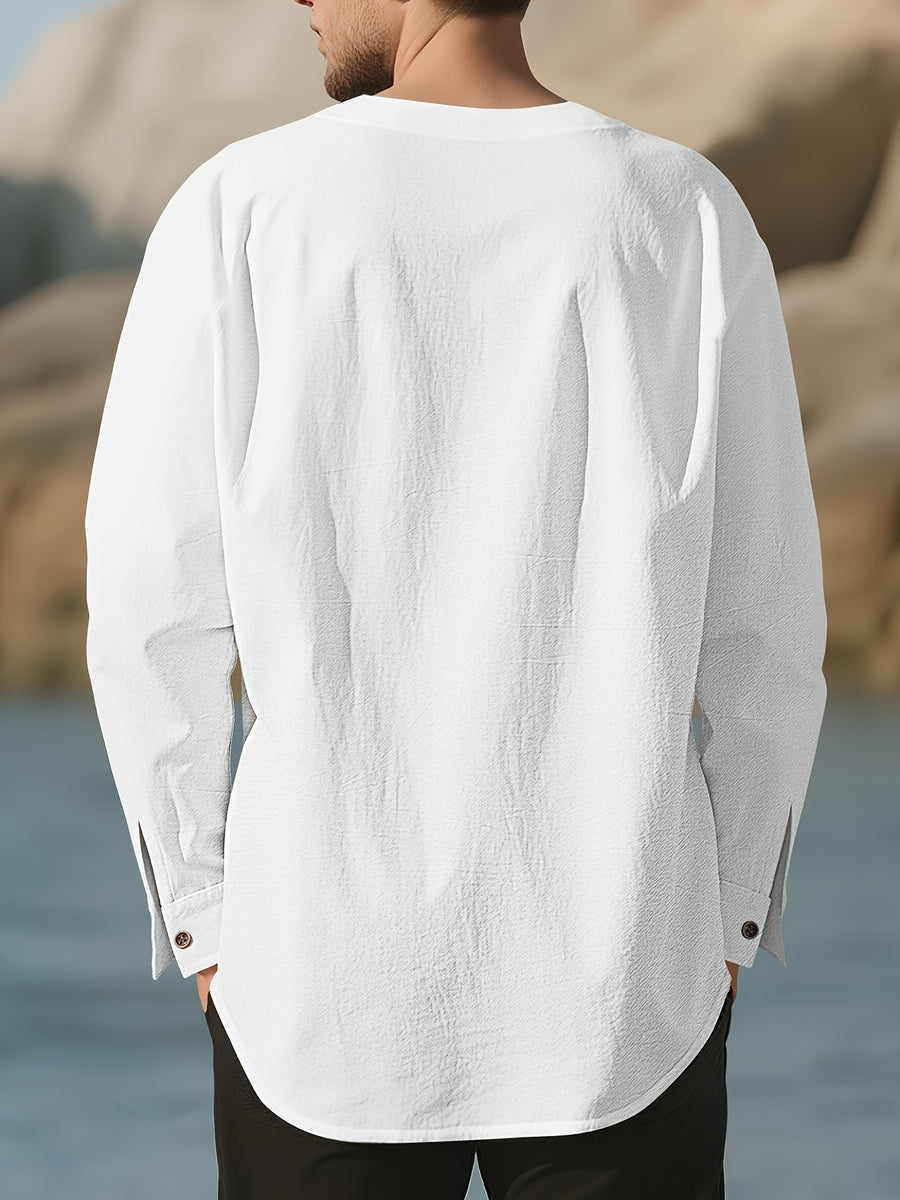 Men's Casual Shirts, Long-sleeve Casual Shirts, T-shirts, Men's Fashion Casual Wear, Solid Color Linen Long-sleeve Shirts, Breathable and Comfortable Short-sleeve Design, Quick-drying Fabric, Suitable for Wearing in Late Spring, Summer, and Early - White