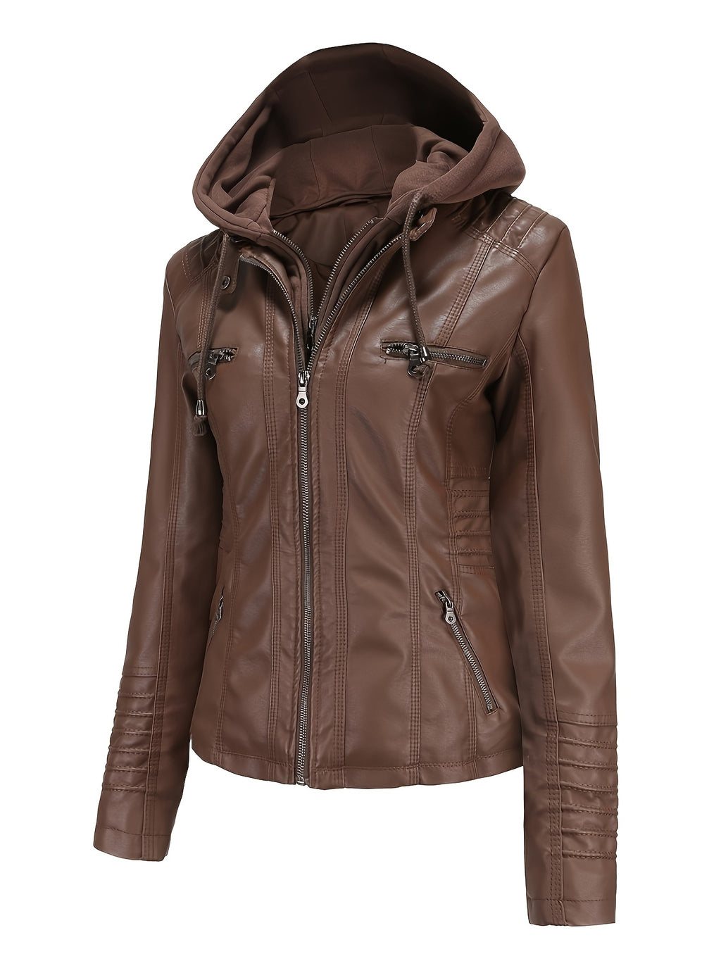 In-Stock Women's Hooded PU Jacket for Spring and Autumn Wear, 2-in-1 Hooded Look Coat with Pockets, Motorcycle Jacket with Hood Design - Coffee Color
