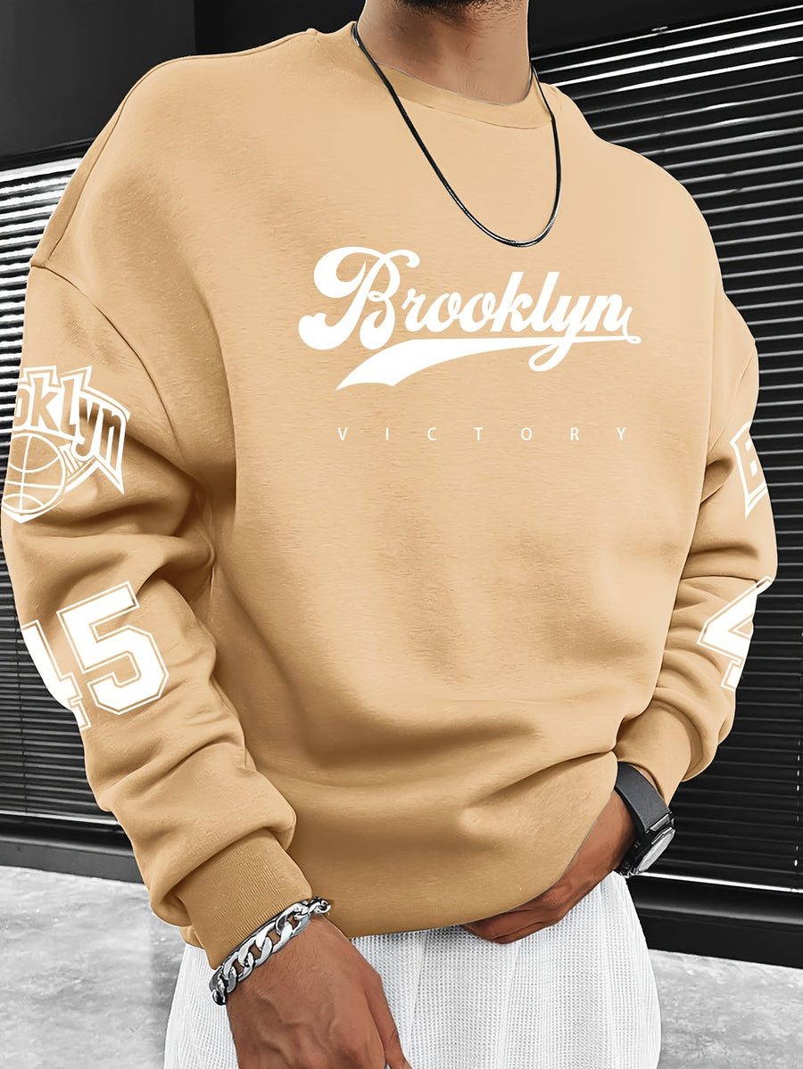 Men's Fashion Casual "Brooklyn Victory" Letter Print Sweatshirt, Polyester Material, Loose Fit, Versatile Men's Sweatshirt - Khaki