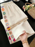 Women's Loose-fit Wide-leg Pants with Lace Details and Side Pockets Featuring Drawstring Adjustment - Apricot