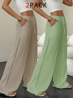 2-Pack Women's Elegant Textured Side-Cutout Straight-Leg Pants with Drawstring Waist, Wide-Leg Casual Trousers - Khaki+Green