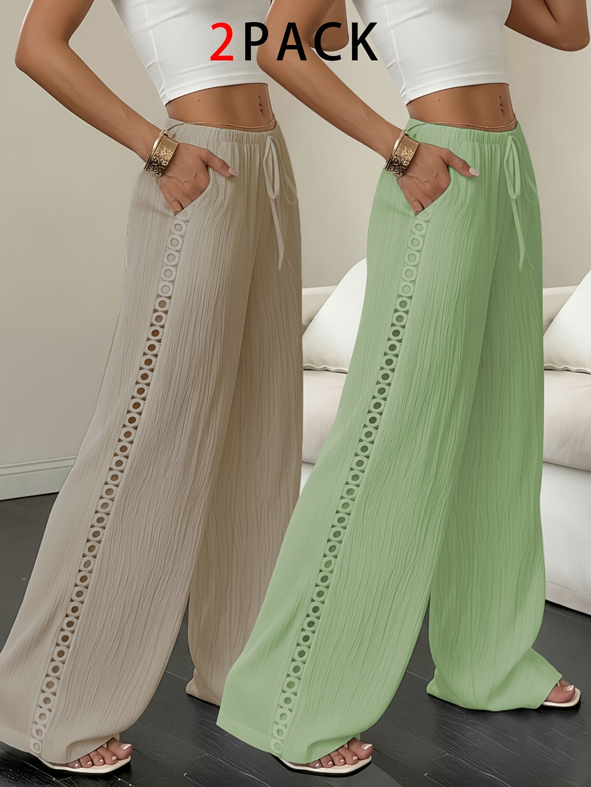 2-Pack Women's Elegant Textured Side-Cutout Straight-Leg Pants with Drawstring Waist, Wide-Leg Casual Trousers - Khaki+Green