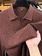 Men's Buttonless V-Neck Long-Sleeve Polo Shirt with Vertical Stripe Knit Lapel - Coffee Color