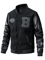 Men'S Winter Jacket, Trendy American Baseball Coat for Autumn And Winter, Casual Embroidered Plus-Size Outerwear with PU Sleeves, Windproof Men'S Jacket - Black